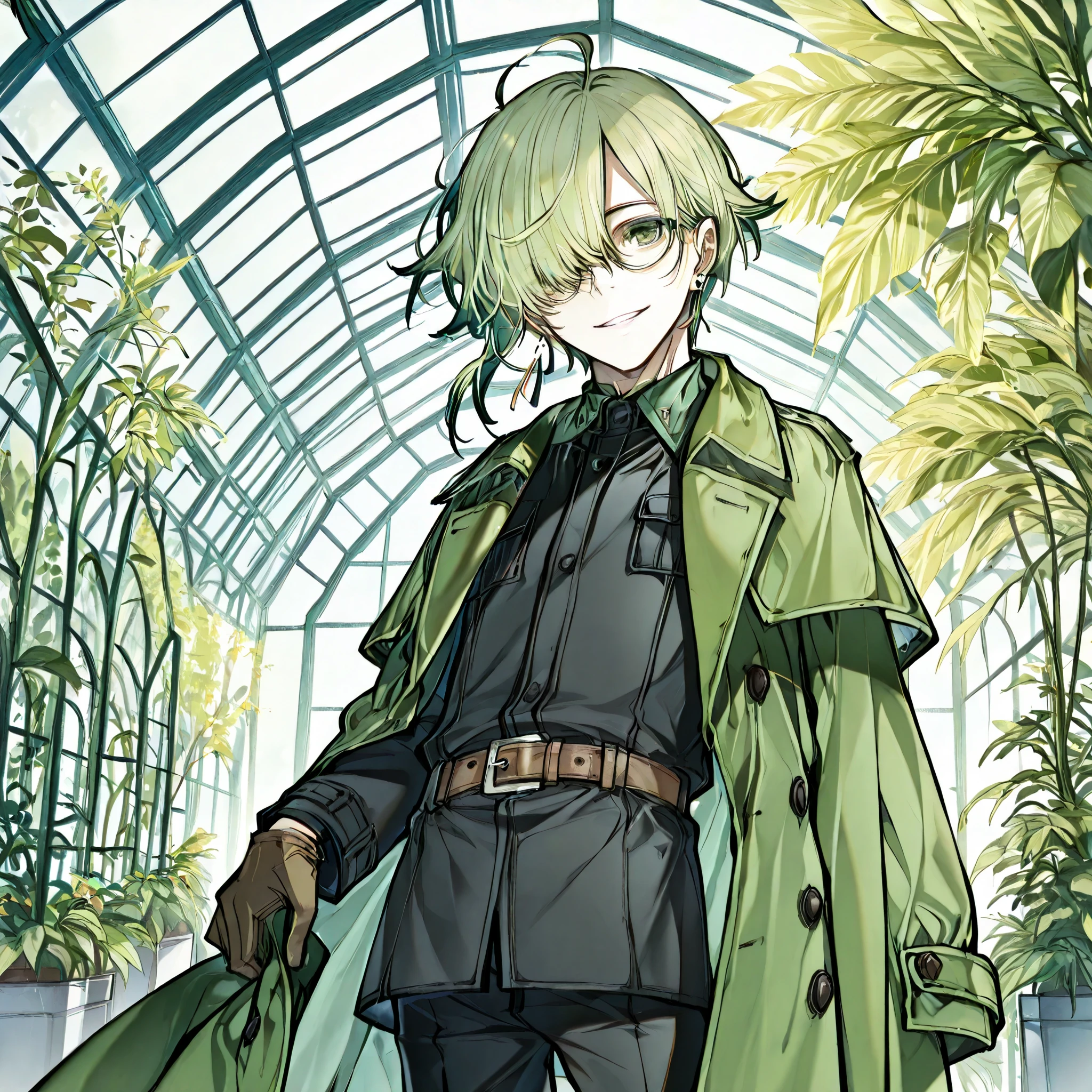 (boy), green ivy hair, green eyes, short cut, side part, ahoge, hair over one eye, short, solo, Thin, pants, grinning Smile, male, glasses, earrings, gloves, belt, male, happy, intelligent, expressionless, coat, greenhouse, in the afternoon
