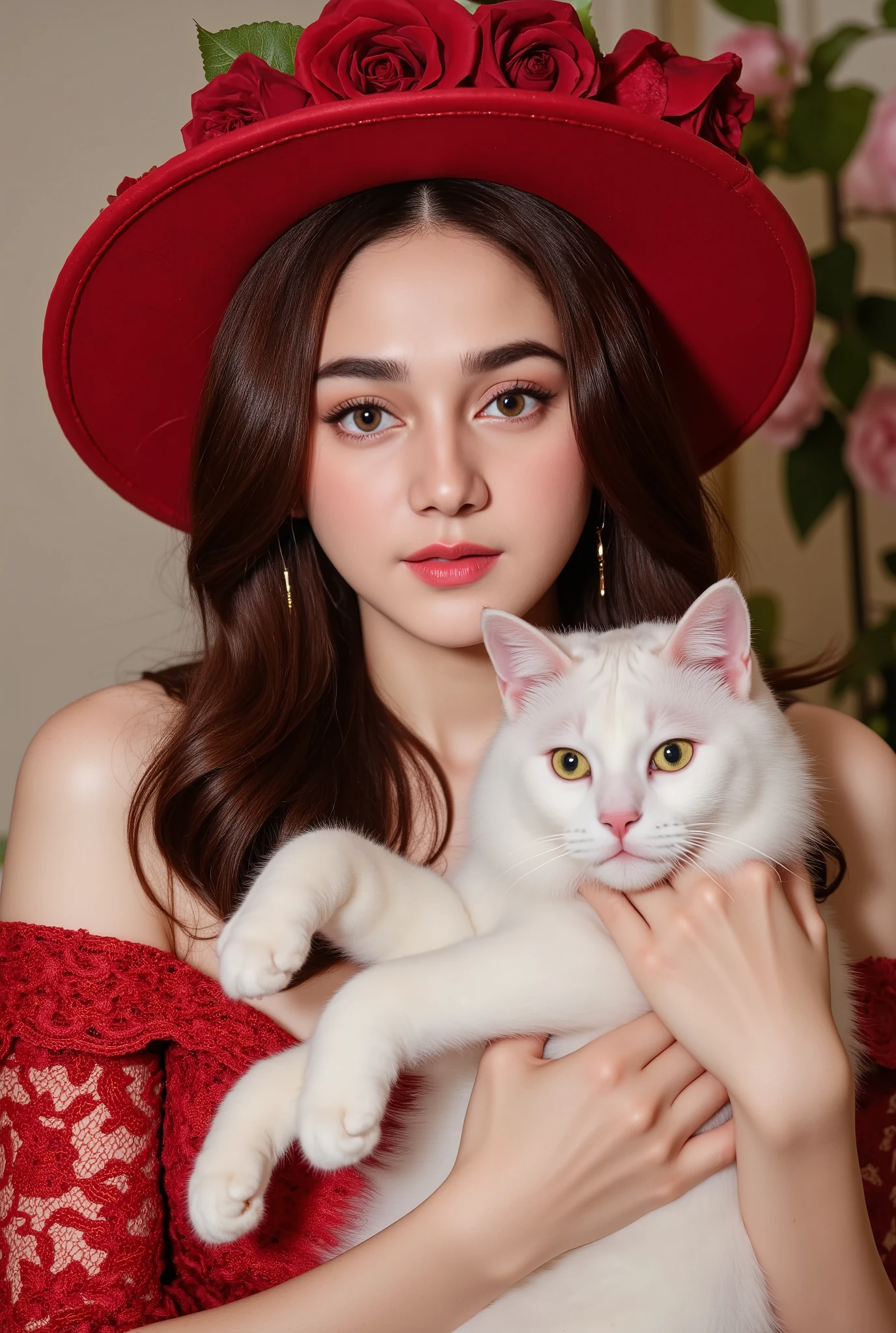"A stunning woman with delicate, porcelain-like features gazes with mesmerizing eyes, dressed in an opulent red lace gown adorned with intricate floral patterns. She wears a lavish wide-brimmed red hat decorated with roses, adding a touch of vintage elegance. Her long, flowing auburn hair cascades gracefully down her shoulders. She holds a fluffy white cat in her arms, its emerald-green eyes radiating mystery and charm. The background is an artistic blur of soft floral elements, blending seamlessly with her attire, creating a dreamy, ethereal atmosphere. The entire composition feels like a romantic painting, full of warmth, passion, and timeless beauty."