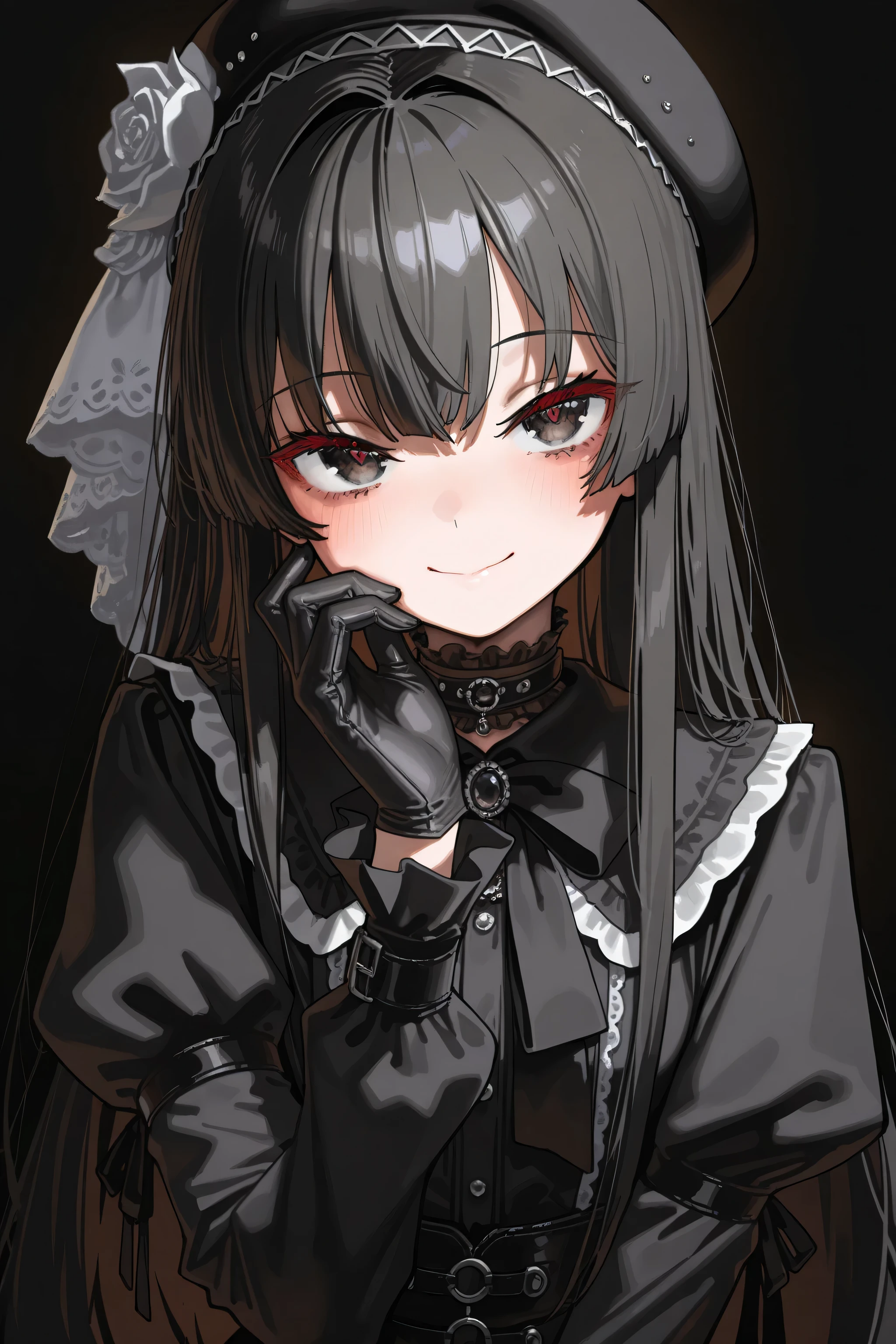 aruhshura, [artist:yoneyama mai], [artist:kanzarin], [artist: ekrea_jan], masterpiece,best quality,amazing quality, 748cmstyle, solo, eye focus, black hair, black clothes, black hat, mysterious atmosphere, closed mouth, gentle smile, black gloves, elegant pose, gothic fashion, dark background, soft lighting, dark background