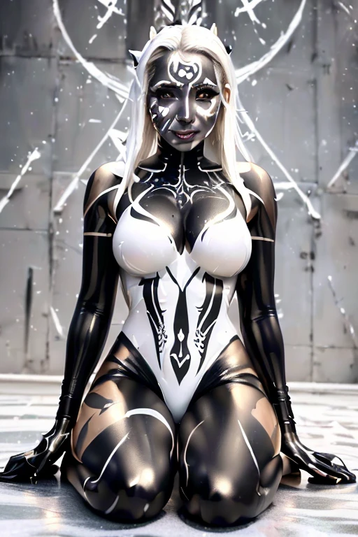 ((best quality)), ((masterpiece)),((detailed)), drow, dark elf, woman with white hair, red pupils, ((black skin)), focus on face, eighteen years old, sexy, sensual, long legs, athletic body, well-toned body, skinny body, fullbody, large breasts, open neckline, sexy black armor, skinny thighs, medium hair, long eyelashes, elf ears, black colored skin, sunny medieval town