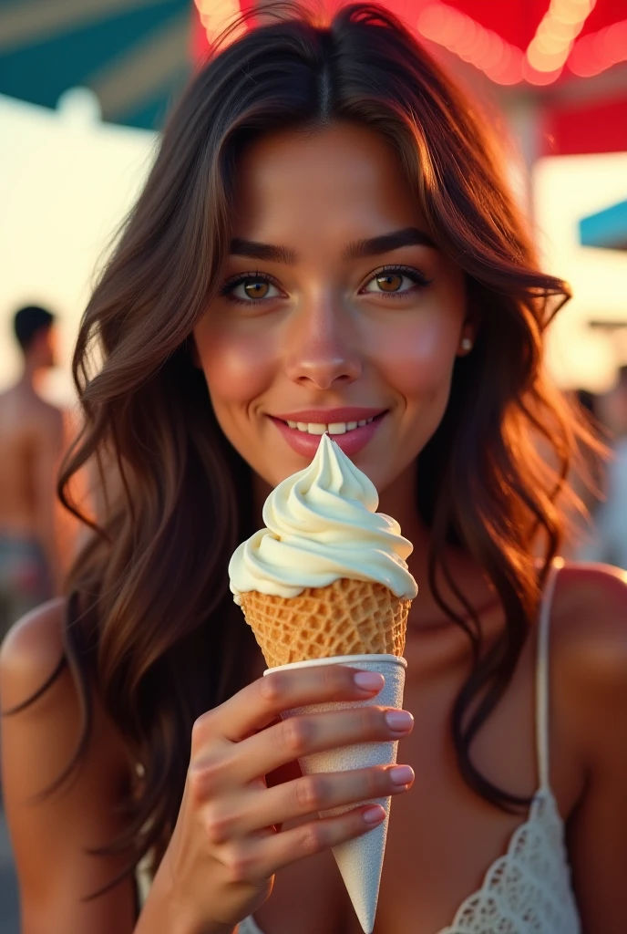 Real women, she is Blonde with short hair, she has an hourglass figure, she has a surreal, hentai-like physique, with exaggerated curves that showcase large buttocks and voluminous breasts.

Realistic  style, real live

In the advertising poster for an ice cream, we see a radiant woman seated at an outdoor table, under a colorful parasol. She's wearing a light summer dress with a bright floral pattern, evoking the warmth and joy of summer. Her hair is styled in loose curls, floating gently in the breeze.
In her hand, she holds a three-scoop ice cream, bursting with color: a scoop of creamy vanilla, a scoop of bright raspberry and a scoop of rich chocolate. She takes a bite with a smile of pure happiness, her eyes sparkling with pleasure.
The background shows a lively park, with children playing and others enjoying the shade of the trees, creating a festive, summery atmosphere. The slogan at the top of the poster, written in bold letters, invites passers-by to “Feel the freshness of summer with every bite!” The whole composition conveys a feeling of happiness and pleasure, making the ice cream irresistible.