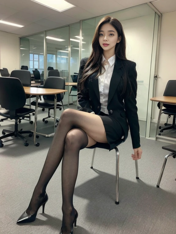 Best qualtiy, Full body like,Exquisite face,A pair of wise eyes.,pretty face,20-year-old woman,Sleek,Larger breasts,Lady Office Uniform,Office Suite,Outdoor scene,Sitting posture,long yellow hair