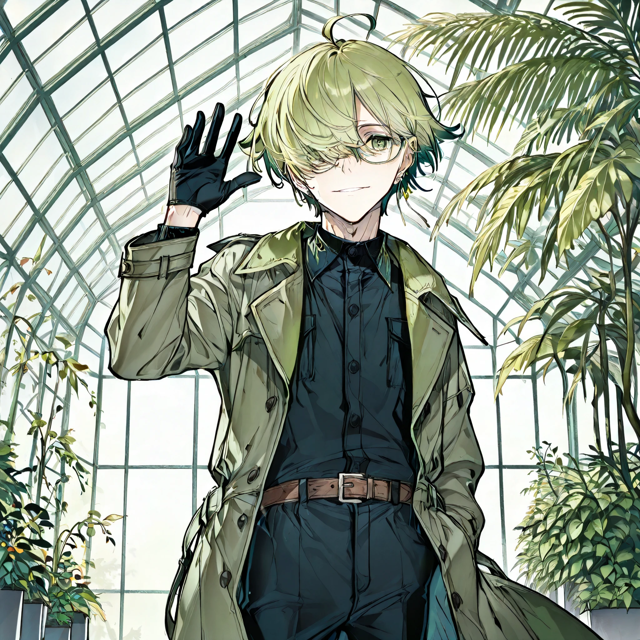 (boy), green ivy hair, green eyes, short cut, side part, ahoge, hair over one eye, short, solo, Thin, pants, grinning Smile, male, glasses, earrings, gloves, belt, male, happy, intelligent, expressionless, coat, greenhouse, in the afternoon, waving at the camera, looking at viewer