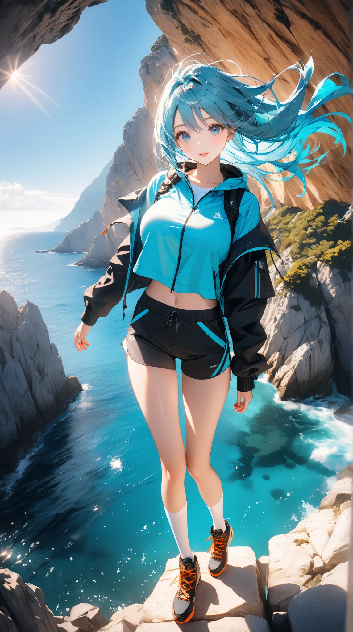 ({{high resolution,}},Masterpiece,ultra detailed,Best Quality,8k)cloud, sky, scenery, day, Blue_sky, mountain, cloudy_sky, outdoor, waterfall, Fancy, horizon, cliff, rock, water, landscape, mountainous_horizon, ocean, tree, River, floating_The same, beautiful woman, whole body, multicolor sportswear, dark blue hair, long hair, two arms, two legs