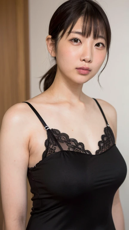 Dark brown hair、Light brown eyes、Japanese actress、 Lady、I am about 40 years old...、(Intricate details:1.2)、(Which is the top???:1.4)、 (Ultra-high resolution:1.2)、Ultra-high resolution、(Finely tuned)、(Detailed facial features)、Hmph、8K resolution、D cup size breasts、Long Hair、Updostyle, Updo、Hair Bun、1 Girl, Deep sorrowの表情, (Very detailed美しい顔), (camisole:1.5), (Bare shoulders:1.3), (Highest quality:1.4), (Very detailed)、Beautiful fair skin with transparency, Are sleeping、Sleeping on the floor、Top View、 Spread your legs wide, Open your mouth a little、Her legs are visible through the dress、Deep sorrow、Pose of Weakness、Obscene pose、White floor、White wall、The morning sun shines in、Sleep on your side。