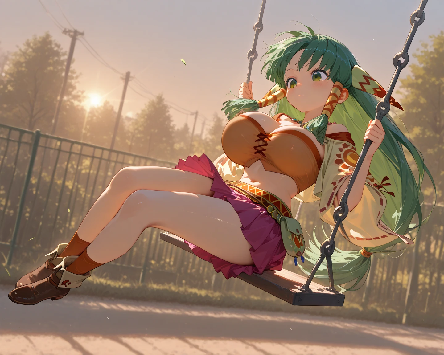 Score_9, score_8_up, score_7_up, score_6_up, source_anime, (nyotengu\(DOA\)), gyaru, slutty_clothes, sitting on bench, (knee up), cowboy shot, fellatio gesture, heart, 1girl, solo, looking at viewer, blush, parted lips, gyaru, front-tie top, pleated skirt, green skirt, lace trimmed panties, cameltoe, white leg warmers, loose socks, loafers, clothes around waist, bracelet, curvy, voluptuous, large breasts, cleavage, midriff, outdoors, park, on bench, day, tree,