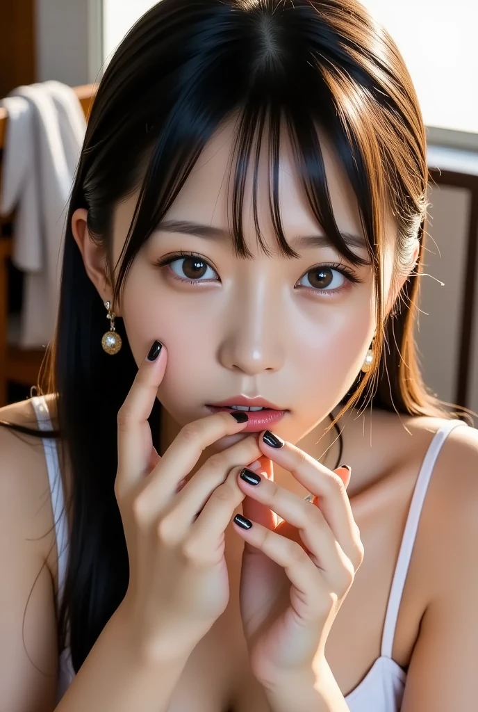 Best-quality, Masterpiece, Ultra-High-Resolution, (Photorealistic:1.4), Raw-Photo, Extremely-Details, Perfect-Anatomy,
1girl, 12-years-old, the most popular Japanese idol, in her room, face focus, portrait, (((((completely drunk, high on illegal drugs, exstatic expression))))),
extremely beautiful big black solid circle eyes, extremely beautiful lips, extremely beautiful black hair, extremely beautiful realistic skins,
detailed drunken face, detailed drunken eyes, detailed lips, detailed hair, detailed skins