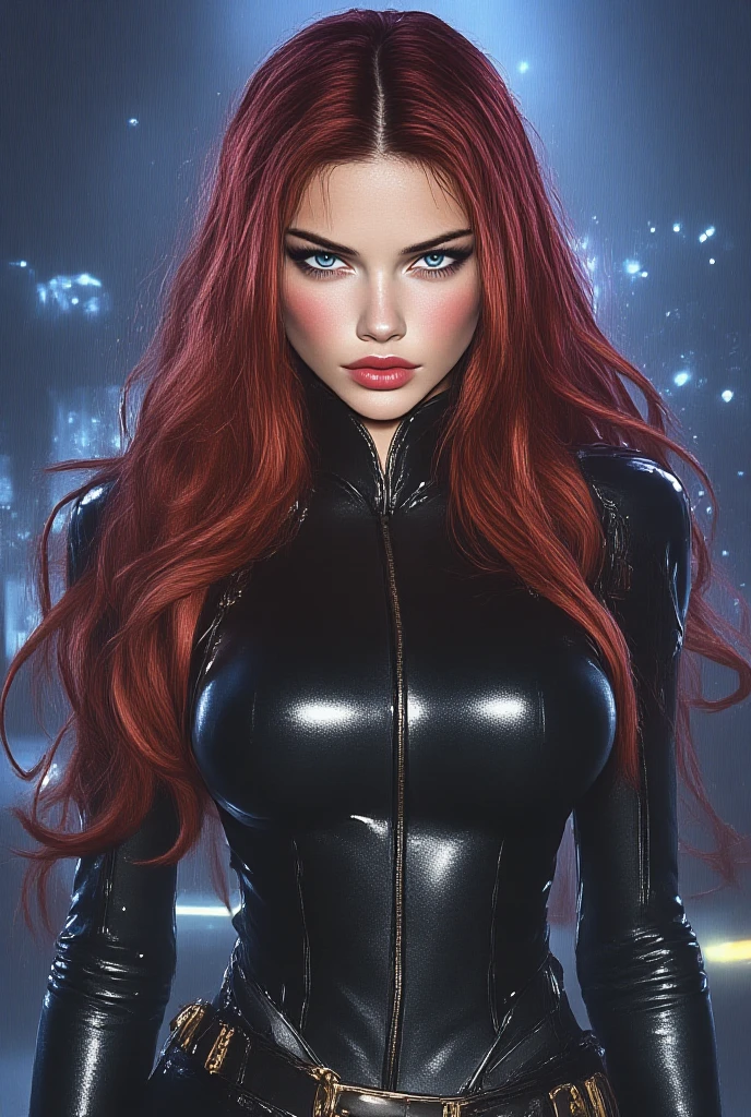 Beautiful woman , fair skin , extremely long hair , ((red hair:1.3)) , elegant, mature woman , golden eyes , hair in a ponytail, big chest , long eyelashes, eyeliner , full lips , super model looks ,
Wearing an outfit with futuristic elements, seamlessly blended with the Final Fantasy universe. wears a tailored, military-inspired jacket in deep charcoal, adorned with intricate, laser-cut leather panels that reveal glimpses of metallic silver underneath. The jacket features sharp, angular lines and exaggerated lapels, Underneath, he sports a form-fitting, high-necked bodysuit in a deep shade of amethyst, with intricate embroidery . tailored trousers in charcoal gray, with sleek metallic accents and pockets, Waist up portrait, white background In art style of Olivier Coipel, Tom of Finland, Sean Platter and J Scott Campbell --ar 3:4 --style scenic --niji 5