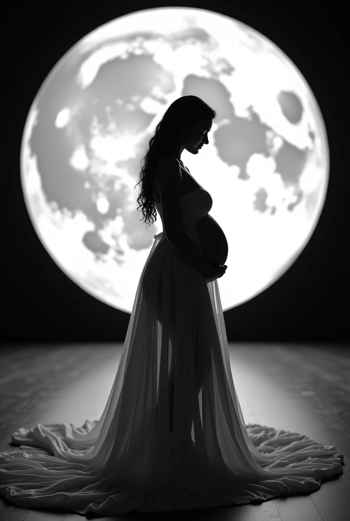 Shadow of a lonely woman, without a landscape, with a moon filling its entire abdomen , representing a pregnancy
