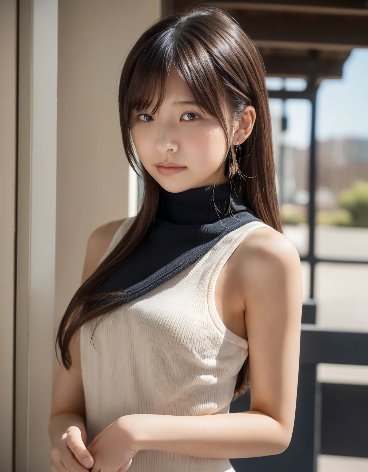 (((Cafe:1.3, indoor, Photographed from the front))), ((long hair:1.3, Black turtleneck knitwear, japanese woman, cute)), (clean, natural makeup), (highest quality, masterpiece:1.3, 超High resolution), (Super detailed, caustics), (realistic:1.4, RAW shooting), very detailed, High resolution, 16K resolution