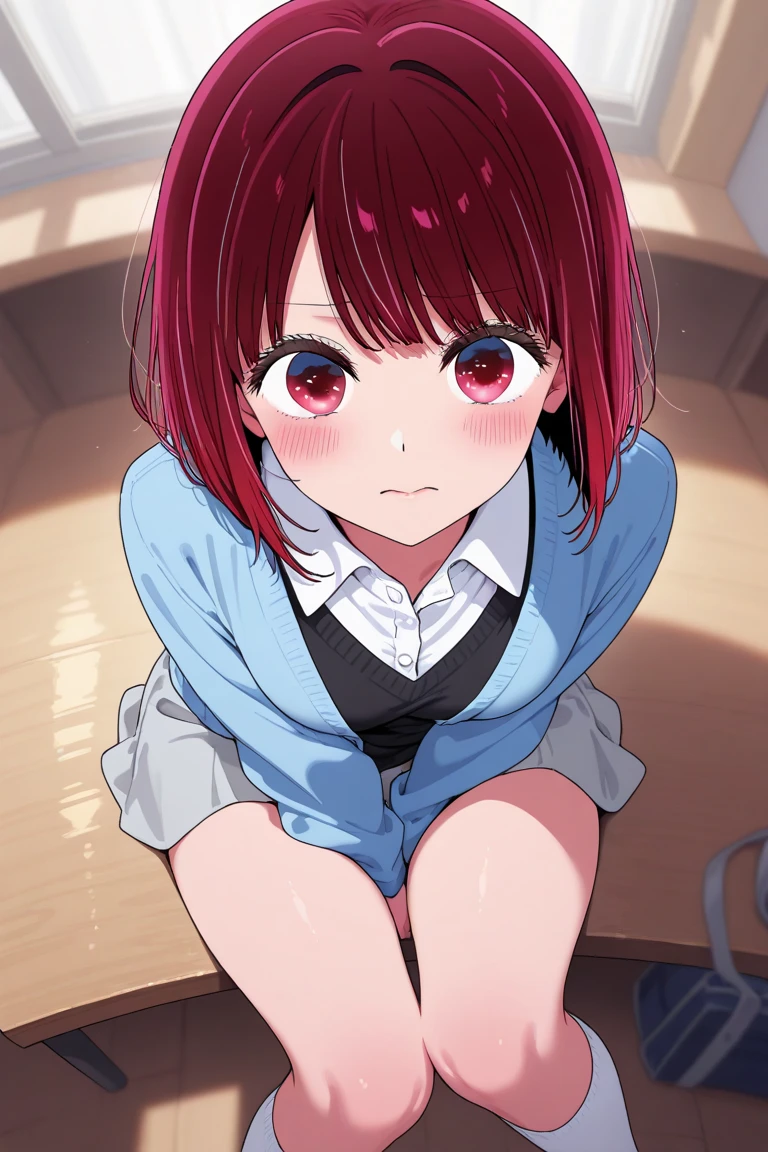 masterpiece、ighly detailed、(1 girl in:1.2)、Red hair、Learn uniforms、big eye、a closeup、A smile、8K、short-hair、(((anime styled)))、Shining eyes, small boobs, nude, crouching, bedroom, nipples, ((pussy)), spreading legs
