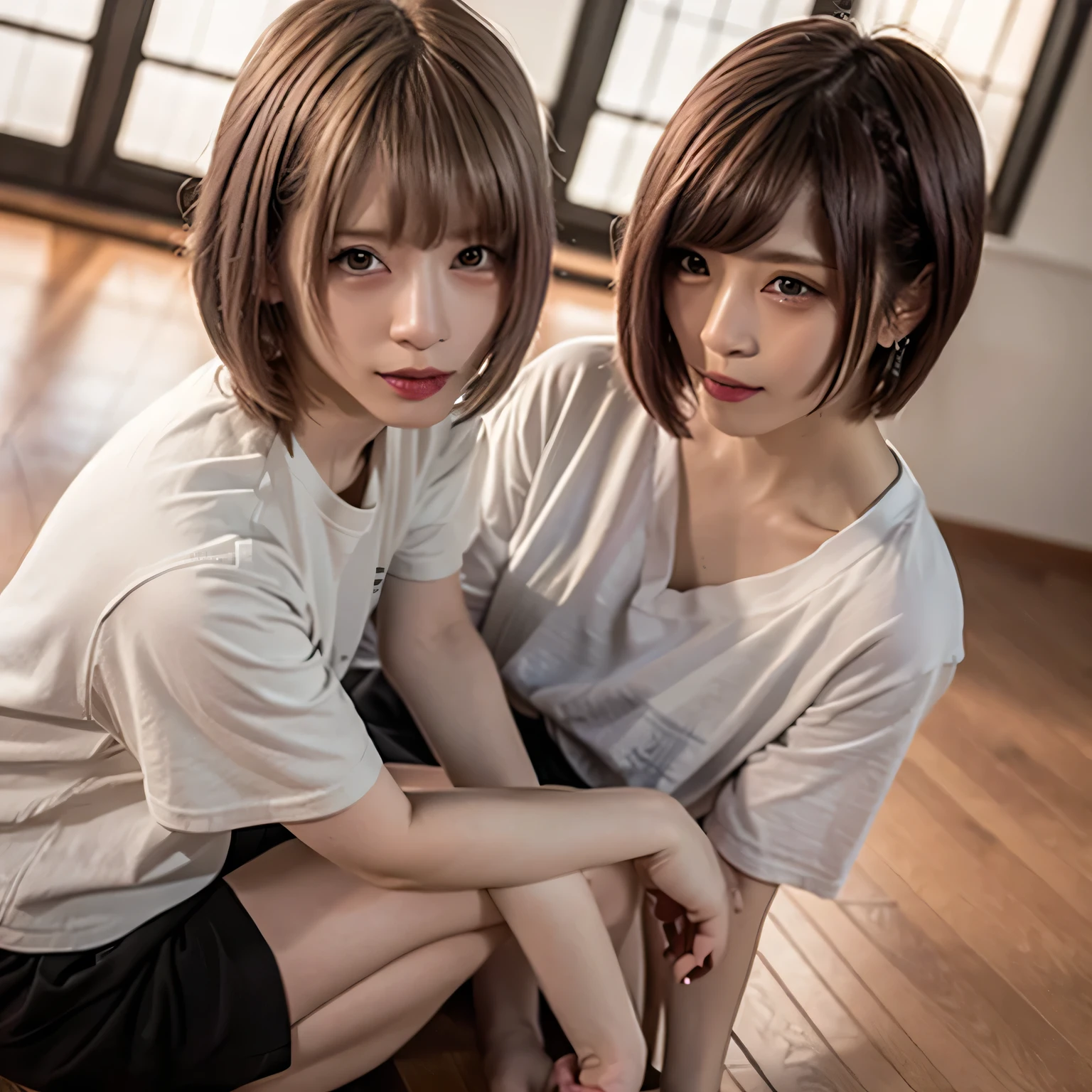 A young person sits on the polished wooden floor of a brightly lit gymnasium, knees drawn to their chest with arms wrapped around their legs. White panties are visible. Soft light from tall windows reflects off the glossy floor, creating gentle patterns. Their relaxed posture suggests quiet contemplation as they gaze at the open space ahead. The gym walls, marked with faded sports lines and scattered equipment, frame the serene atmosphere.A 20-year-old woman smiles gently, friendly. (RAW photos, top quality), (realistic, photo-realistic:1.4), masterpiece, extremely delicate and beautiful, highly detailed, 2k wallpaper, ultra-detailed CG unity 8k wallpaper, ultra detail, high res, soft light, beautifully detailed girl looking back, extremely detailed eyes and face, beautifully detailed nose, cinematic lighting, perfect anatomy, slender body. Brown hair, bob haircut, dark eyes.