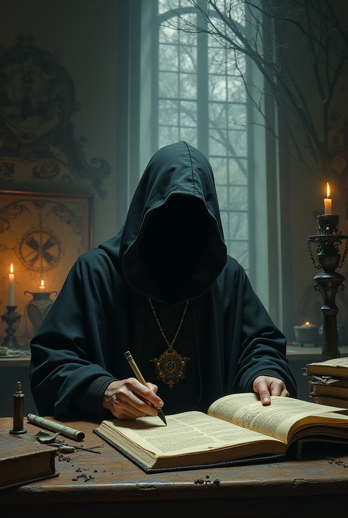 a blood-colored moon reflects through the windows, inside an old chapel with altar, first person perspective signing a contract in blood 