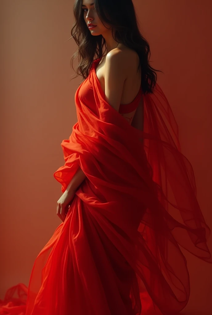 A portrait of a  dancers in a tango She has a contemplative expression, with her gaze directed towards the viewer. The woman wears a draped garment with slit on the side in shades of  red , with the fabric flowing   gracefully around her. The background is abstract, with soft, bokeh against a dark backdrop , emphasizing the subjects.  Artists: Mann, Gammell, Kley, Goldin, Gerome, Quentin Blake, DamienHirst, Hajime Sorayama, Anne Bachelier, Gibson, , Parrish .  detailed photo fujifilm provia 400x renaissance-inspired chiaroscuro, HDRI.