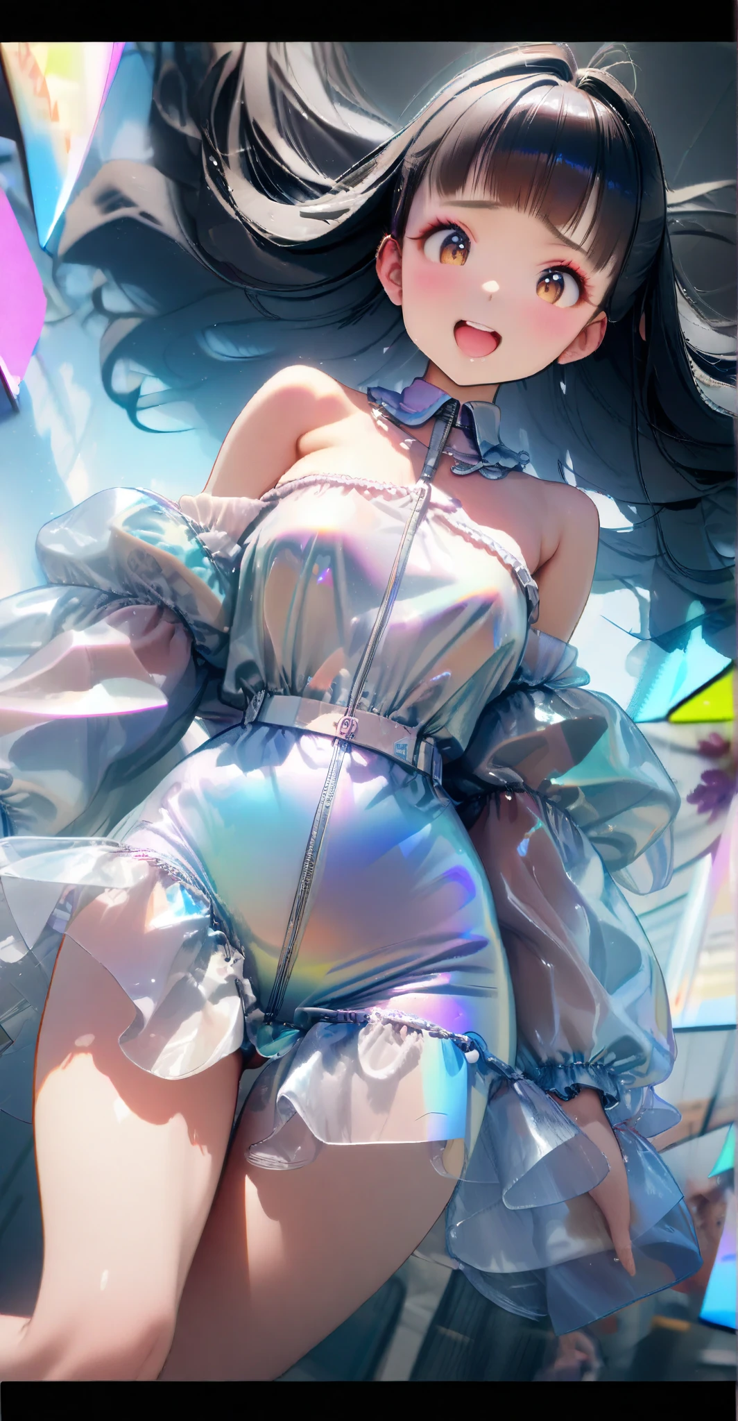((Lying on a rubber floating on the sea)), ((rash guard)), ((swimsuit sides see-through)), (((swimsuit a vivid_color))), ((Mesh mini skirt)), liulixl, iridescence, organza,, skindentation, skinny, solo, 1 woman, Masterpiece, highest quality, highest quality, 16K, incredibly absurd, highly detailed, 2.5D, ai-generated, delicate and dynamic, very delicate facial expressions, delicate eye depiction, erotic, only sexy woman, ((A cute and kind face)), healthy figure, 25-year-old woman, bride, 160cm tall, medium firm swaying bust, (dark hair), black eye, blush, Sweat,Embarrassed,sexy, ((thin thighs)), (camel toe:0.8), (Erect nipples:0.7), ((shiny and lustrous)), facing straight at viewer, ((brown black skin)), ((Oily_skin)), sweaty skin, wet skin, (suntan), dutch angle, ((sexy pose)), Dynamic poses, ((Summer Sea)), Strong sunlight, ((sexy pose)), ((Lying)), ((On the open sea)), Knee Up,