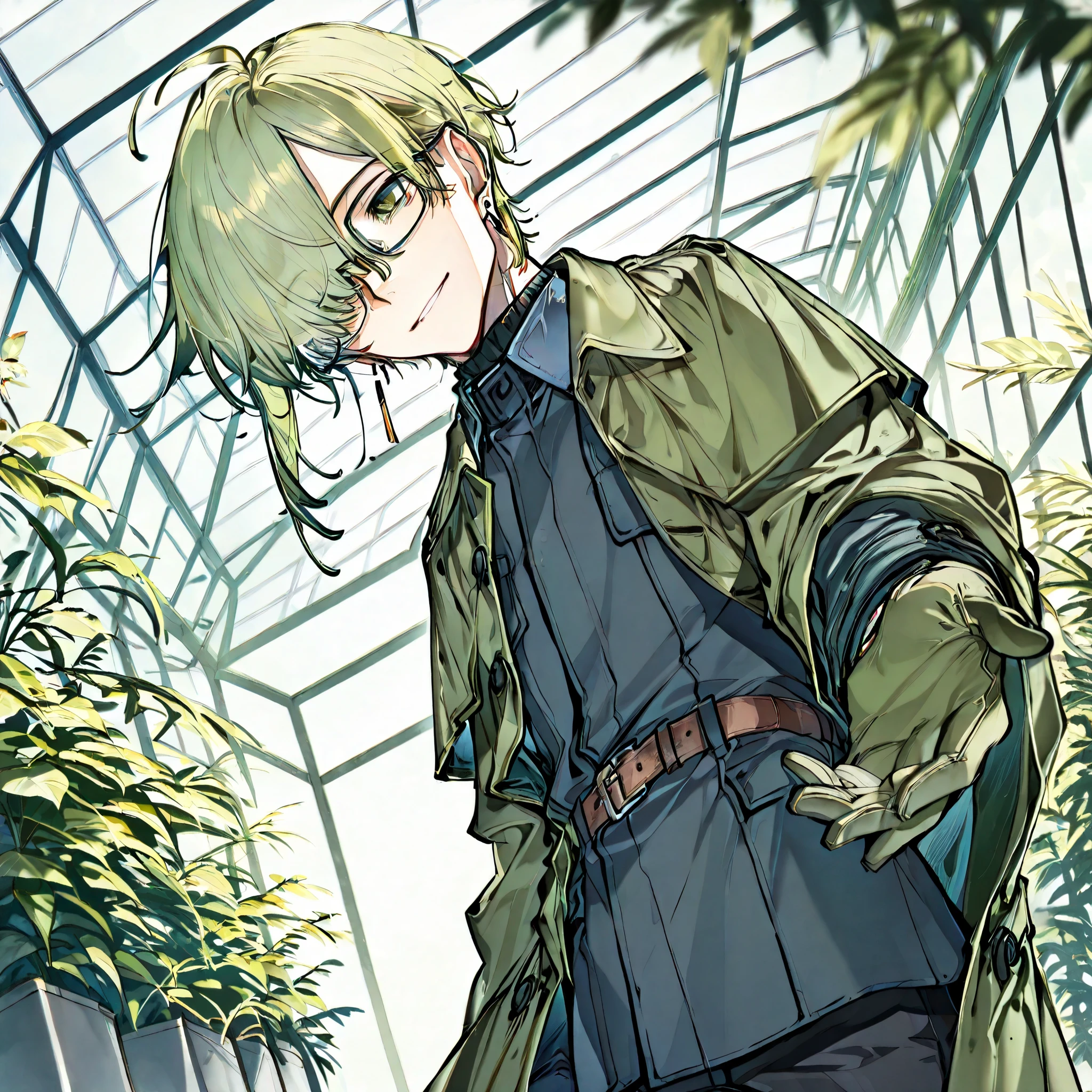 (boy), green ivy hair, green eyes, short cut, side part, ahoge, hair over one eye, short, solo, Thin, pants, grinning Smile, male, glasses, earrings, gloves, belt, male, happy, intelligent, expressionless, coat, greenhouse, in the afternoon, Heartwarming Scene, Happy Scene, hold out your hand