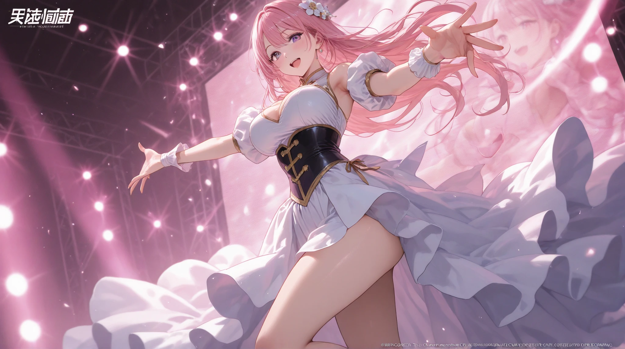 High quality,beautyな背景,detailed,masterpiece,beauty,1 person,aldult,Up to the waist,Idol,Cute Woman,Idol衣装,Fluttering,Lots of frills,Valley Coordination,笑face,Idolのステージ上に立つ,Live,Hold the microphone,
((((perfection_face))),(Beautiful lighting:1.3),Dynamic Lighting,Dynamic Pose,Active,Pink Hair,Standing pose,Golden Ratio,Pink Eyes