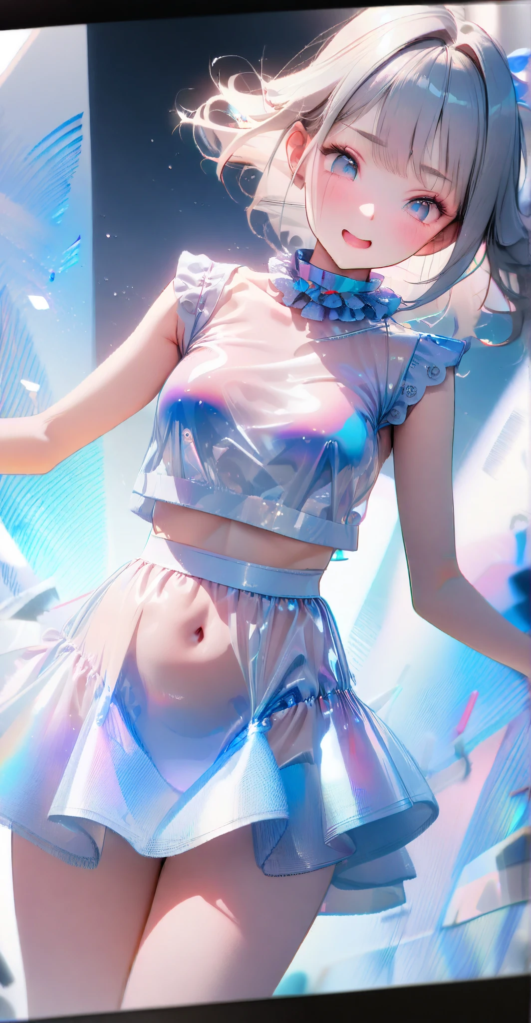 1 female,Black Hair,((12 years old)),(((Blue shiny shorts)))((Sexy black micro bikini))(((blush、Open your mouth)),(((Yuki Mikan))),(((White See-Through Tank Top)))(Girl's body type)(((Small breasts)))Sexy pose