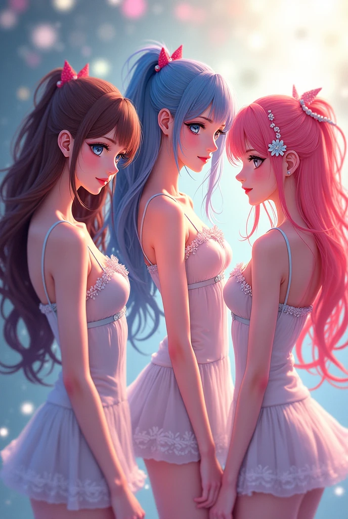 7,000 anime beauties with very, very long hair, wearing very short skirts of colorful music, very long leggings of colorful rainbow, and colorful rainbow stage costumes, stand super close together, face forward, take off their shoes, crouch slightly, and take a group photo while winking slightly.