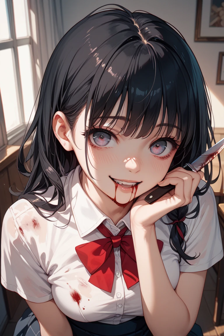 of a real,Perfect facial features,Realistic skin texture,Cute baby vampire girl,closeup cleavage,head portrait,with her mouth open,(See the throat:1.4),Blood-red eyes,(long canine teeth:1.4),There is blood on the teeth,long whitr hair,(blood stains at the corners of the mouth:1.4),Blood,depth of fields,dynamic blur,high light,Real light,Ray traching,oc rendered,Hyper-realistic,best qualtiy,8K,Works of masters,super-fine,Detailed pubic hair,Correct anatomy,sharp focus on eyes,Bokeh,Facial features are carefully depicted