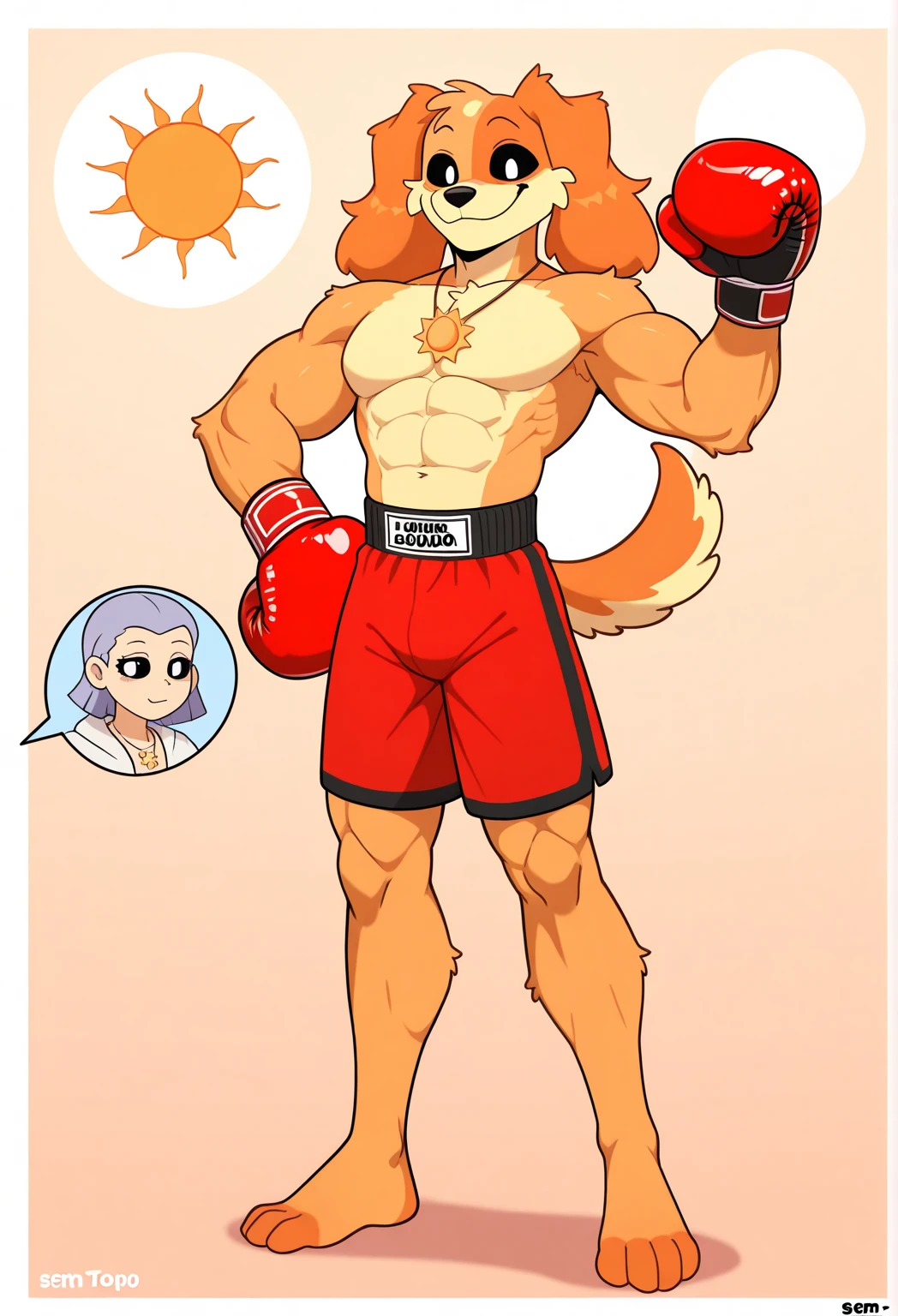 anime style, Sozinho, Dog day, peludo, orange fur, macho, with macho humanoid body,  slightly muscular body , Adulto, Sozinho, black sclera,  large oval-shaped white iris , (sem pupilas),  showing your legs,  showing her feet,  showing off your full look  , calm, feliz, [Kind Face, Sensual, cauda longa, font, Sun-shaped necklace, lutar boxe, wearing red boxing gloves, wearing red boxing shorts, (sem topo), iconic professional boxing scene, 4k,