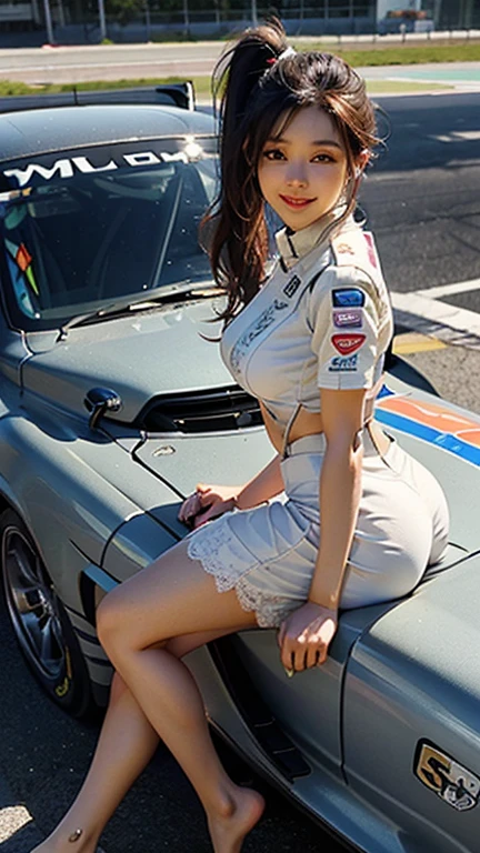 (High resolution 8K),( highest quality), Very detailed, (masterpiece), Realistic, Very detailedなかわいい女の子,( Age 25), (From the whole body to the toes:1.2),(Shooting from the side:1.2),(sitting on the hood of a car),(Race Queen),(Natural pose),(Hair tying pose),(Big Breasts),(Big Ass),(Smiling for the camera),( Smiling while looking at the camera ),(Full Body Shot:1.2) ,((Side shot 1.2)),(ponytail),(photoRealistic:1.3),((Wear a sponsored grid girl costume,Logo is printed)), ((Logo Print Shorts)),(Participate in a motorsport race), (Look at me and smile),