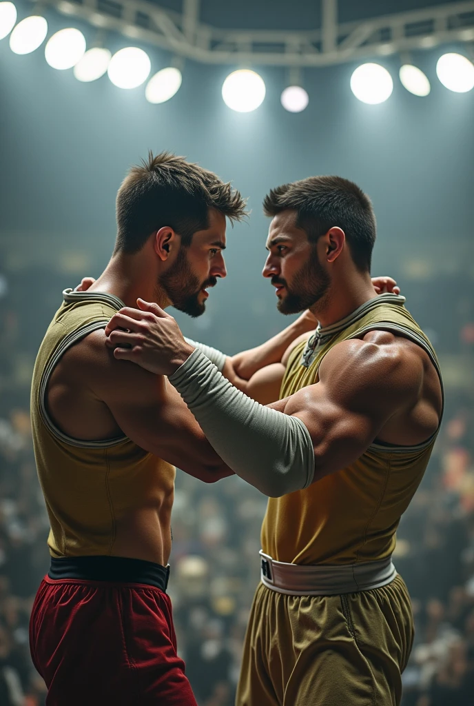 cristiano ronaldo,messi,wwe stage,powerful punch,dynamic action scene,hyperrealistic,photorealistic,cinematic lighting,dramatic shadows,highly detailed,epic scale,unreal engine,volumetric fog,dynamic motion blur,hyper realistic,cinematic composition,dramatic chiaroscuro,moody atmosphere,intense emotion,photo-real details,masterpiece,best quality,8k,high resolution,ultra-detailed,cinematic quality
