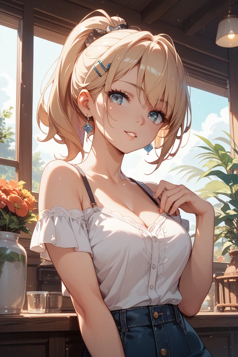 fullnude、The girl is depicted in full growth, (you see the girl from head to toe), cute bow, shy small smile, The girl is depicted in full growth, you see the girl from head to toe, nostalgic appeal, country girlfriend, (FLATCHESTED:1.3)、, superflat chest, naughty girl, one embarrassed girl in short cute skirt, zero breast size, blunt bangs, Blonde hair with short ponytails, Blue eyes, White skin, freckles