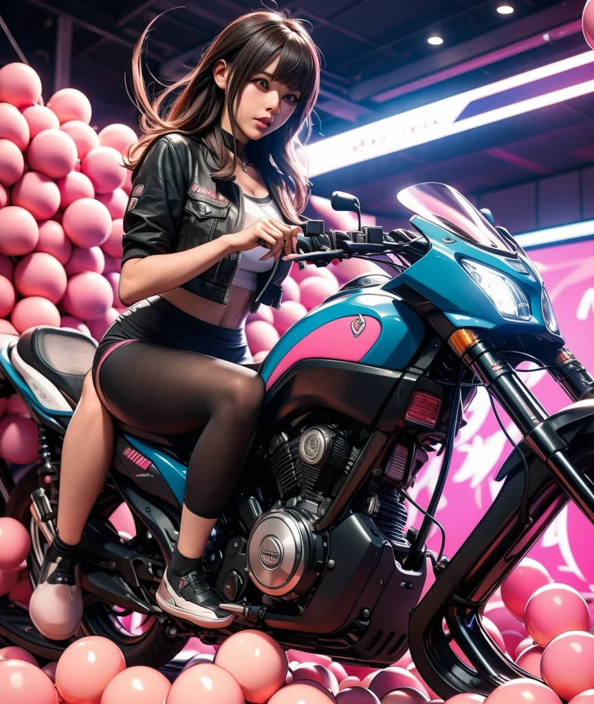 The Arafi woman sits on the ground next to a pink motocicleta, teta enorme, Modelo de fitness, sentado na moto cyberpunk, motocicleta, Motocicletas, sitting on the motocicleta, motociclista, rosa e preto