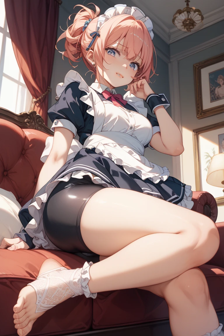 Girl with braided red hair and wavy blue eyes wearing a maid's outfit in a very sexy and sensual pose, finger-to-mouth cleavage on the bed, legs crossed, yellow Anabela sandals with open high heels SFW