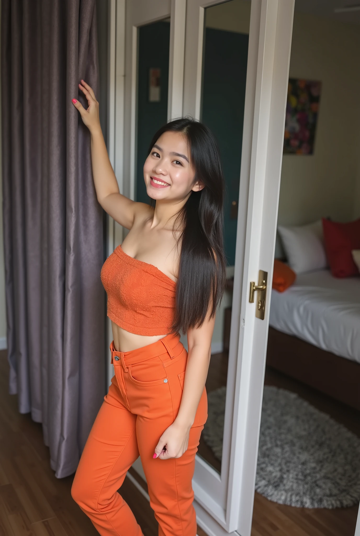 80% body photo, bright lighting, sexy Filipina college student in dorm room, standing by bed, white eyeshadow, makeup, lipstick, neck length wiry hair, low ponytail, no bangs, looking directly into camera, big wide happy smile, big breasts, short height, petite figure, shorter arms and legs, smaller waist, wider hips, tan skin, large head, narrower face, very high forehead, white tank top, jeans, looking greedy, angry