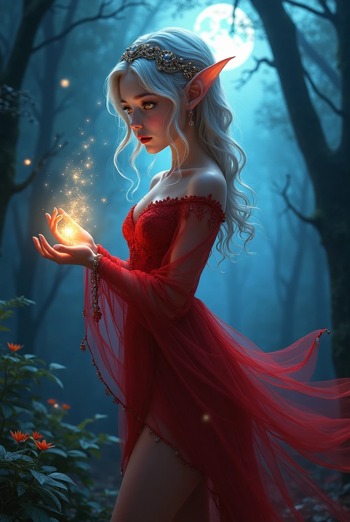dnd, dungeons and dragons, high elf, sorcerer, wild magic, portrait, solo, single person, pale white skin, handsome, female, smirking, flowing red robes, casting a magical spell, ((masterpiece, best quality)), artwork trending on artstation