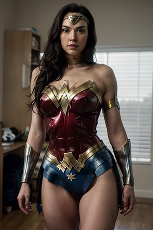 Wonder Woman, sitting in a library in ancient Egypt, is at night. She has her legs spread a little and you can see that she is wearing tight, transparent white panties.