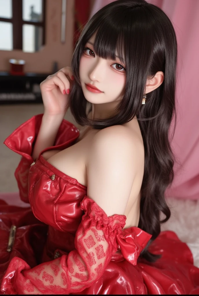 ((extreme detail)),(ultra detailed), чрезвычайно подробные обои CG Unity 8k, velvet, figurine, Little Red Riding Hood, Crop top, Star headdress, puffy sleeves, lips, looking, Close-up, Head rotation, Black background