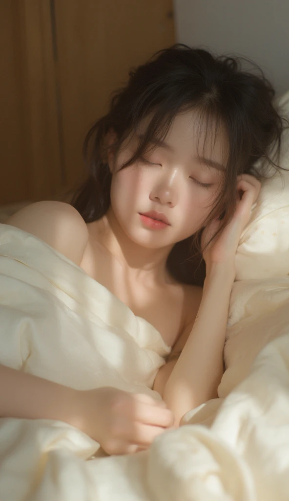 Top angle overlooking the bed, looking up at the camera on the bed, holding the knees bent, dark blue bow tie, (white bra: 1.3, white panties: 1.3), (white silk short socks: 1.5), dark blue skirt, white blouse, dark brown hair, (lying in bed: 1.4), facing the camera, white ribbon on hair, (full body: 1), romantic painting art, Wet skin, wrinkles between the eyebrows, eyes closed, mouth wide open as if very surprised, ((white liquid dripping on the skin)), ((white splashes violently)), waterlogged sheets, white liquid released, splattering white mucus