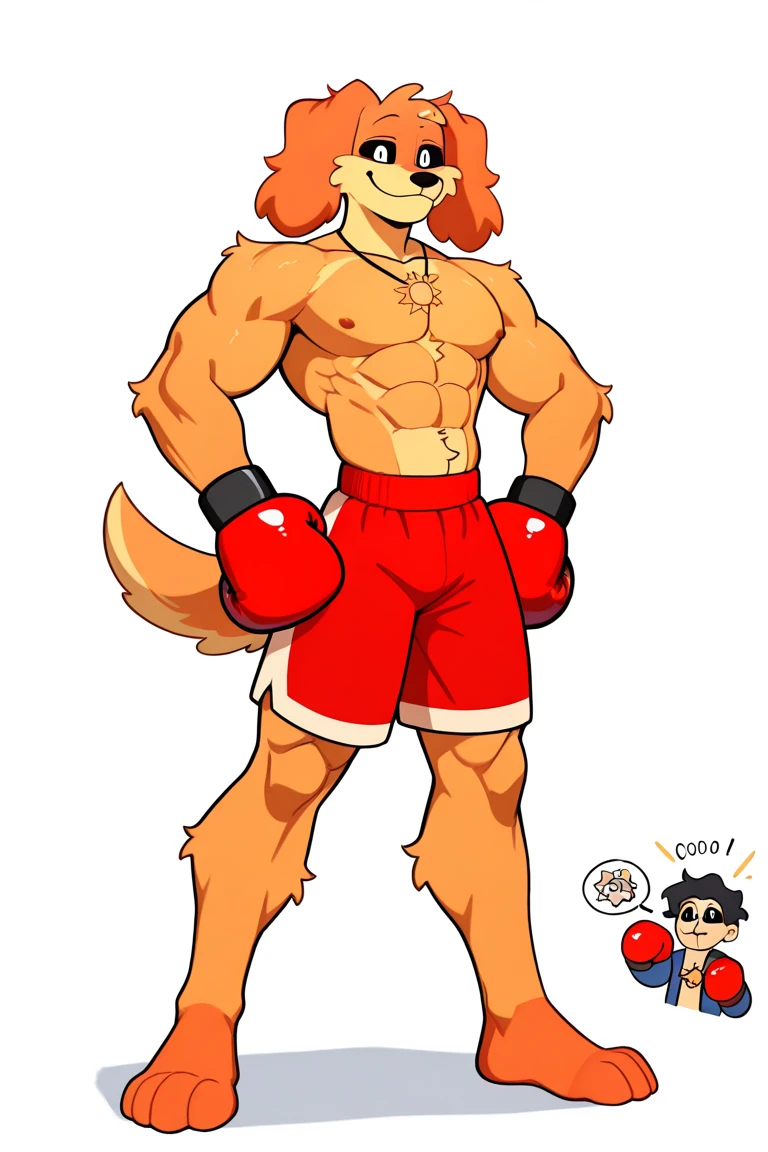 , score_9, score_8_up, score_7_up, an Anthro furry brown wolf male, brown eyes, black nose, brown hair, hair in a top knot, tall and slender, brown wolf ears and tail, shirtless, wearing ufc shorts, ufc gloves, wearing a golden shiny ufc champion belt, in a ufc ring, flexing, grinning