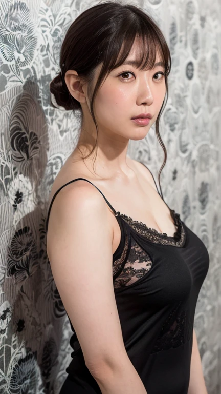 Dark brown hair、Light brown eyes、Japanese actress、 Lady、I am about 40 years old..、(Intricate details:1.2)、(Which one is on top??:1.4)、 (Ultra-high resolution:1.2)、Ultra-high resolution、(Finely tuned)、(Detailed facial features)、Hmph、8K resolution、D cup size breasts、Long Hair、Updostyle, Updo、Hair Bun、1 Girl, Deep sorrowの表情, (Very detailed美しい顔), (camisole:1.5), (Bare shoulders:1.3), (Highest quality:1.4), (Very detailed)、Beautiful fair skin with transparency, Are sleeping、Sleeping on the floor、Top view、 Spread your legs wide, Please open your mouth a little、Legs visible through one-piece dress、Deep sorrow、Pose of Weakness、Obscene pose、White floor、White wall、The morning sun shines in、Sleep on your side。