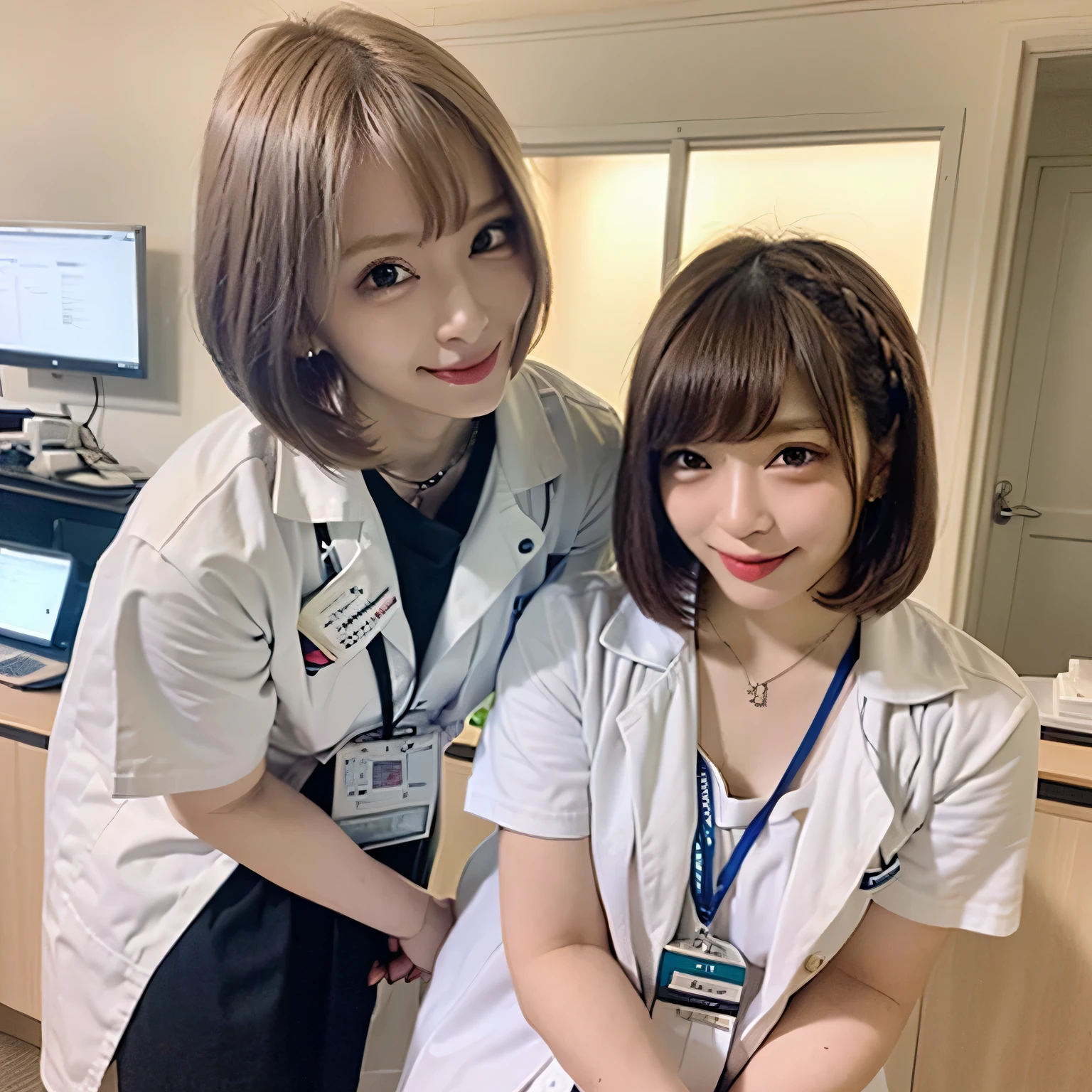 A breathtakingly beautiful 20-year-old woman stands in a warmly lit hospital room, dressed in a white mini-skirt nurse uniform with a matching cap. Her shy smile adds a touch of charm, while the surrounding medical equipment and furnishings create an authentic yet welcoming atmosphere. Brown hair, bob haircut, dark eyes.