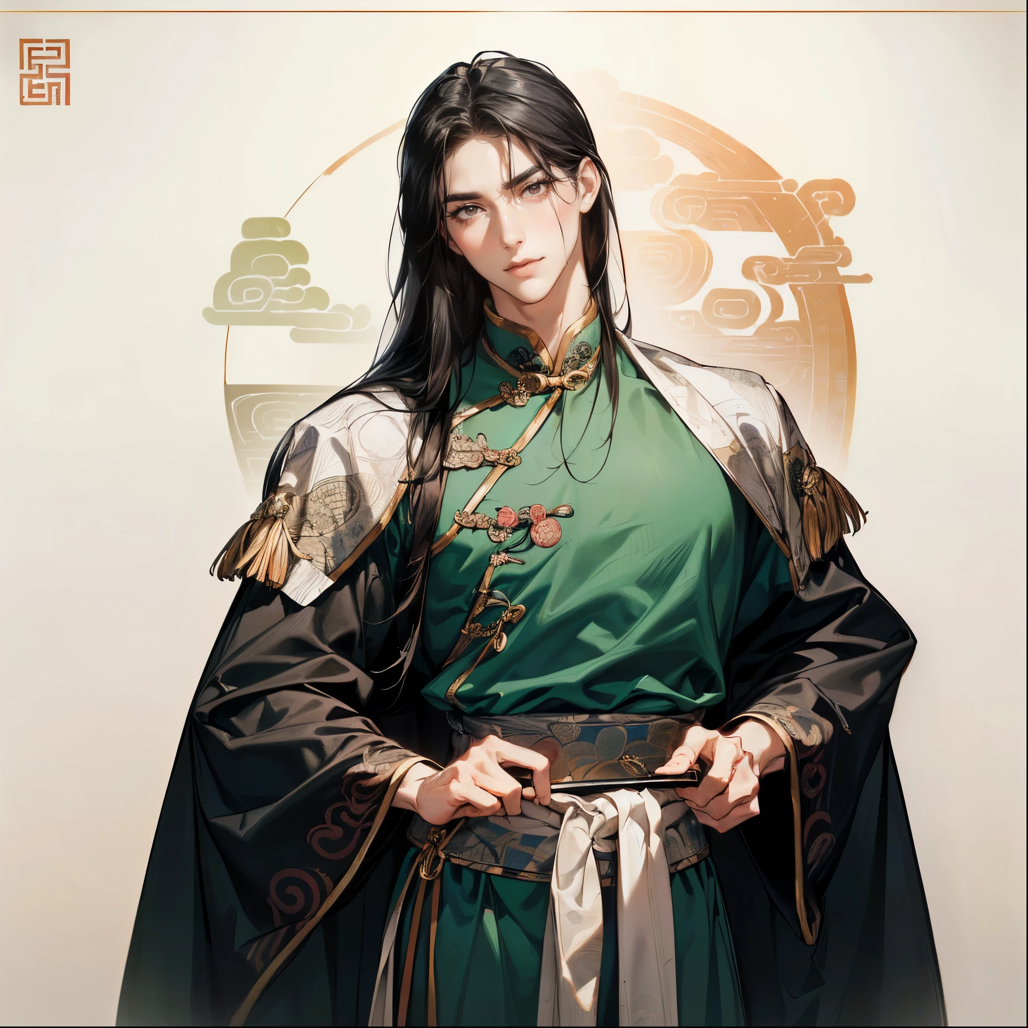 (Top Quality,4K,8k,high resolution,masterpiece:1.2),super detailed,(super fine illustration),(((One ancient Chinese man )))Heroes of the Three Kingdoms:1.2,Age 30,(Perfectly symmetrical face,Extremely Sexy Man ,detailed eyes:1.3, perfect eyes),The gaze is directed at the viewer:1.2,(( Attractive Dark Eyes :1.3)),((( long black hair perfectly set:1.2))),((fresh smile:1.2,Thin eyebrows,well-trained body)),cinematic lighting, soft shadows,((Ancient Chinese green costume with patterns leading up to detailed works of art:1.3,Detailed Ancient Chinese Long Straight Sword Carrying His Waist:1.3,Acrobatic pause:1.3)),((cowboy shot:1.2)),((white background:1.3,simple background:1.3)),(( standing:1.3,depicted so as not to be able to see everything from the tip of the head to the lower back:1.3,Distant view:1.2)),from below