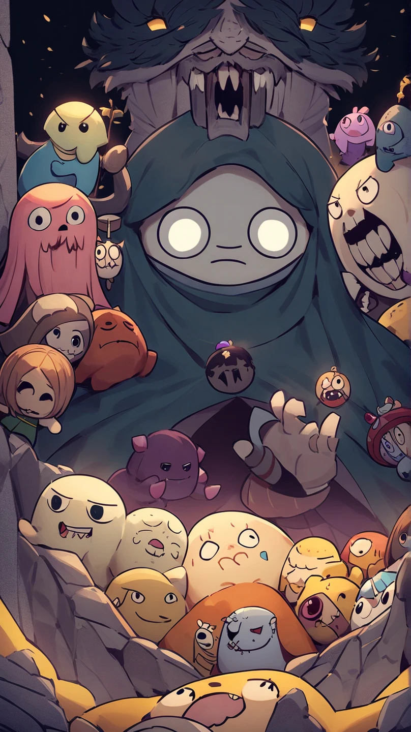 Main characters :
where: appears in the foreground holding a stone with a strong grip, with sharp facial expressions that reflect strength and seriousness .
Jake: يقف بجانبه، لكن ملامحه تُظهر الخوف والذعر، وكأنه يهرب من where.
Background and atmosphere:
The inhabitants of Candy Town : . They appear around the two characters, inspired by the designs of Candy Town in the series "Adventure time", with their bright colors and distinctive cartoon designs . . Some other famous characters from the series can also be included in different places in the background .
Why : . He appears in the background at a higher height than the scene, with an evil smile and a terrifying laugh that adds a sense of threat and terror to the scene .
Lighting and colors :
الأجواء العامة تكون درامية مع تباين بين الألوان المشرقة لشخصيات مدينة السكاكر والخلفية الداكنة حيث يظهر Why .
. Dim lighting or a light fog can be used to give a mysterious and terrifying feel to the scene .
Technical details:
. It is preferable to draw the details in an artistic style inspired by the cartoons of the series "Adventure time" مع الحفاظ على الطابع الكرتوني ولكن مع لمسة من الرعب في تعبيرات الشخصيات، خاصةً في وجه Why .
. Small details can be added in the background that show elements from the world of "Adventure time" can be added to link the image to the series .