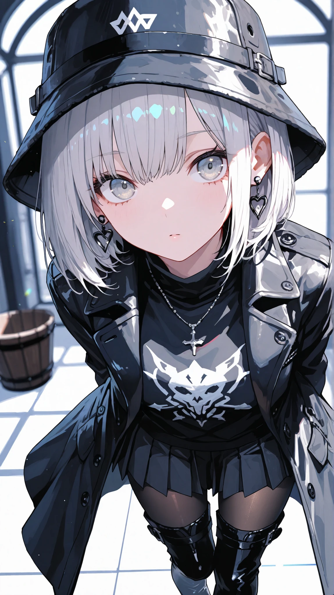 1 girl,bob hair, solo,silver hair,silver eyes,thigh boots,pantyhose,looking at viewer, (EyesHD:1.2), masterpiece, best quality, ultra-detailed, very aesthetic, sharp focus, depth of field, vibrant colors, ray tracing, best lighting, detailed illustration, detailed background, cinematic,extreme close up, black sweatshirt,black pleated skirt, black boa coat, LEATHER BUCKET HAT, necklace, earrings, big eyes , arms behind back
