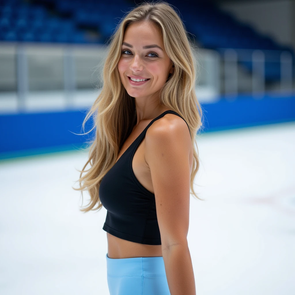 patinoire centre bell, fou détaillé, 8k ,Objectif 100 mm ,femme grise , yeux , cheveu boucler, corps complet, visage joyeux, souriante, lèvre fine, collier, corps complet, tenu vestimentaire sport sur glace , debout, visible en entière, de la tête au pied