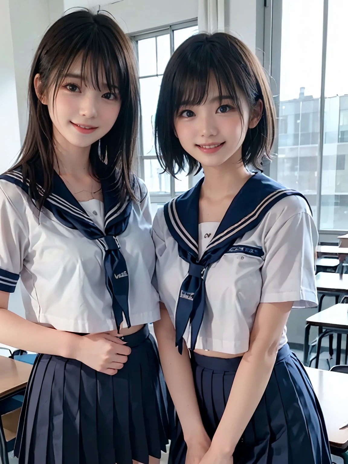 ((Two girls standing side by side)), ((sailor suit, mini skirt)), (two girls), (((The girl on the right has flat chest:1.4))), ((The girl on the left has large breasts)), (The girl on the left has short hair, The girl on the right has long hair, The girl on the left has a cool expression, the girl on the right has a cute expression:1.2), ((pale skin:1.3)), (smile, baby face:1.3), sunset lighting, classroom, classmate, (best quality), realistic, (live-action, complicated details), Natural Skin Texture