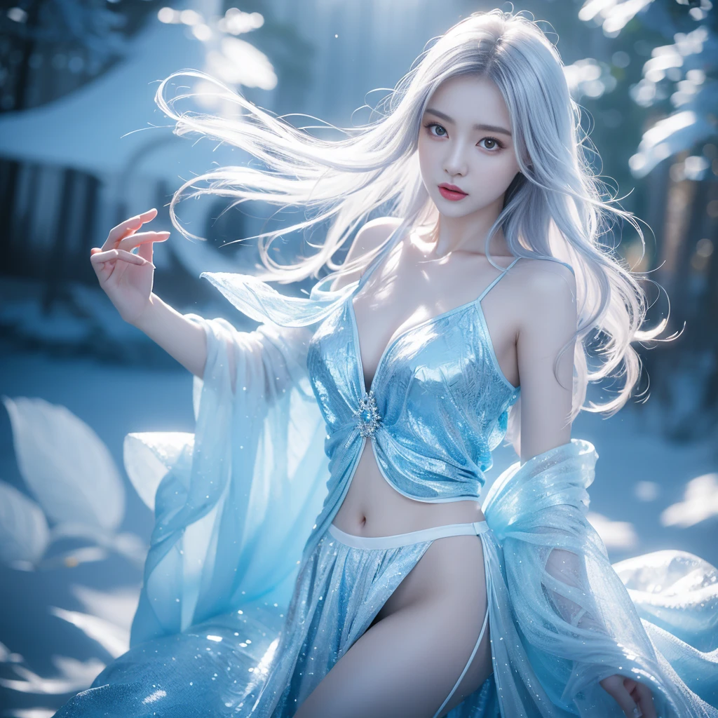 best quality,masterpiece,High resolution,a beauty,Exquisite face shape,ice princess,Ice magic,full-body shot,Ice and snow deep V high slit dress,,white hair,snowflake decoration,full-body shot,Deep V dress,big breasts