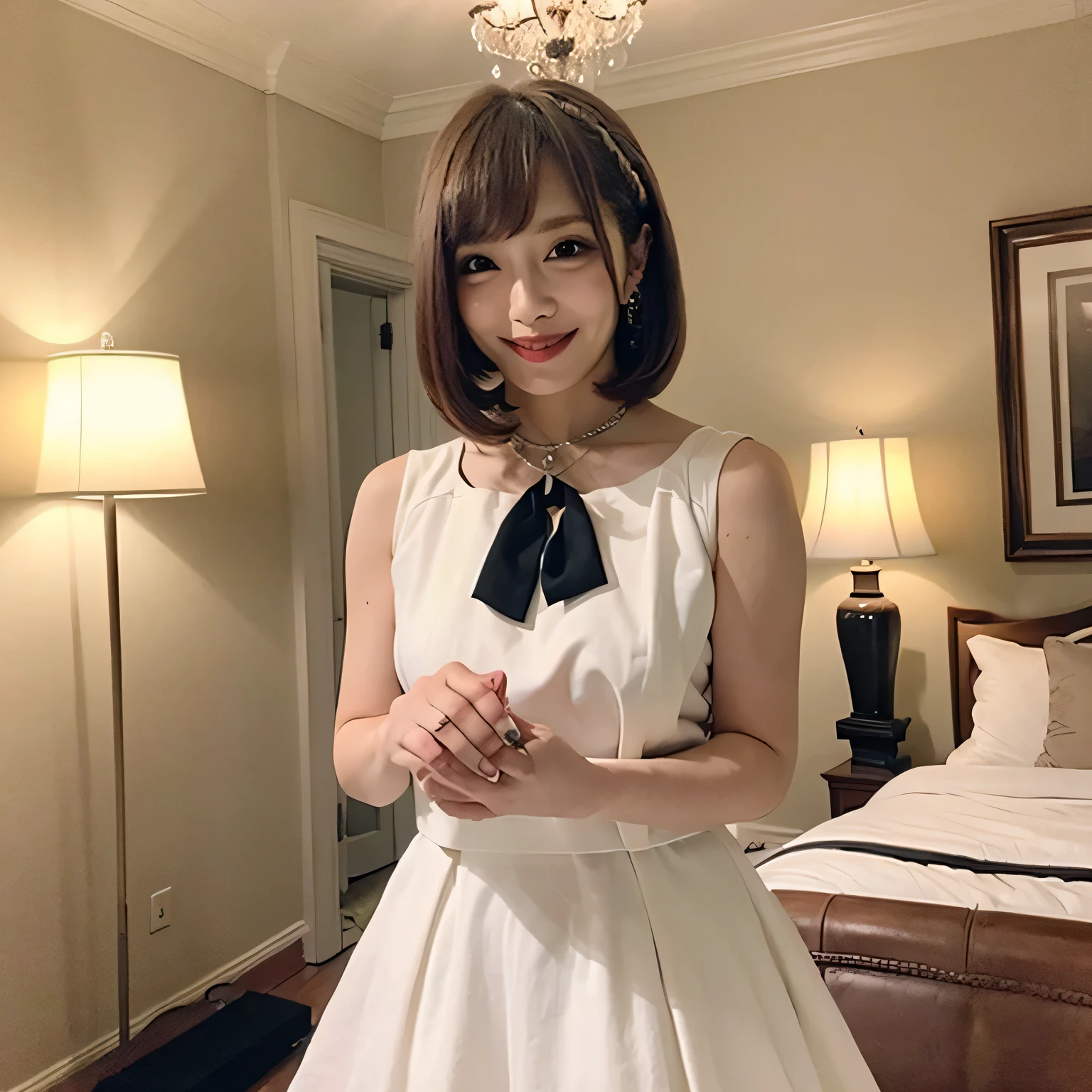 A breathtakingly beautiful 20-year-old woman stands in an opulent mansion room, dressed in a classic black-and-white maid outfit with a short hem and a white brim cap. Her confident smile radiates warmth. The room features elegant furnishings and decor befitting a grand estate, bathed in soft, natural lighting that enhances the sophisticated ambiance. Brown hair, bob haircut, dark eyes.