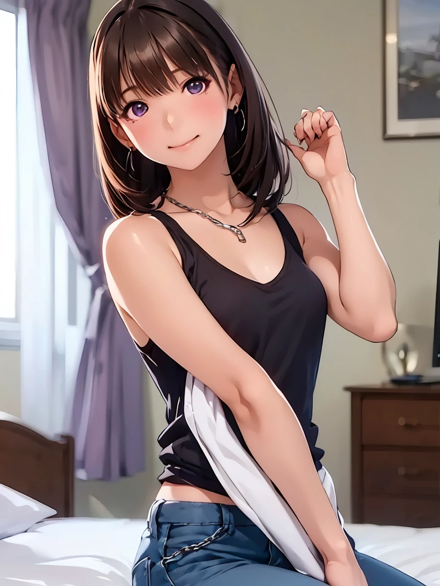 (masterpiece、top-quality、hight resolution、photos realistic、real looking skin:1.1)、(1loli:1.5)、(12year old:1.5)、short stature、独奏、full bodyesbian、(very small breasts:1.5)、Beautiful eyes、Shining eyes、embarrassed from、short twintails、no bra、Chest Pochi、(Sheer white tank top:1.5)、(Fully exposed panties:1.5)、is standing、(arms behind back:1.5)、(Bedroom at night:1.5)、(Girls' Pants:1.5)、nsfw
