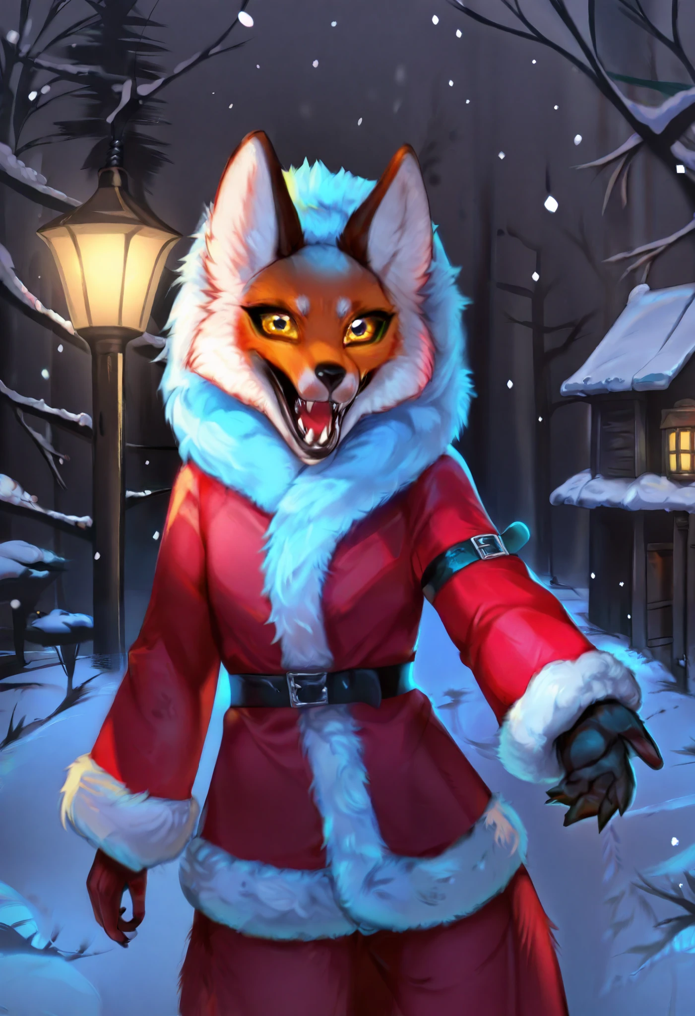 eastnik_anime, detailed background, Night, darkness, snow forest, Christmas trees, Village, Dark Road, backlight pole, lighting, fluffy персонаж, anthropomorphic fox, orange fur, Alice_The_Vixen, One, looks at the viewer, open mouth, 1 boy, glove belt, animal ears, Upper body, yellow eyes, male focus , teeth, language, hood, language out, grey background, coat, fur trim , fox ears, fangs, sharp teeth, fluffy, hood up, stained sclera, It's snowing, fluffy male, black sclera , body fur, white fur , fur-trimmed coat, sleeves with fur trim, red coat, yellow sclera,