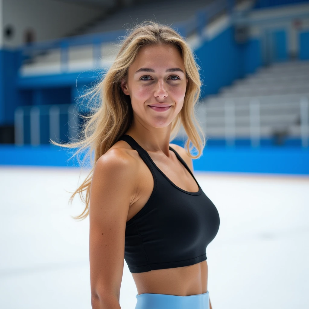 ((smile))、(((Open Stance)))、 ((Sports Bra)), (((Gazing at the audience)))、(White leggings pants)、((Standing with legs open to the sides))、((Sexy young woman's body:1.4)),
