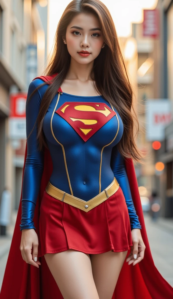 (masterpiece), (best quality), (ultra detailed), (epic lights reflection), glowing, luminous, 1girl, red eyes, red hair, full makeups, red lips, fit body hair blown by strong winds, she is a Beautiful Supergirl, very tight body shape suit, blue red Supergirl bodysuit red cape blown by winds, full body, symmetrical pose, model posing in the middle, metropolis city,