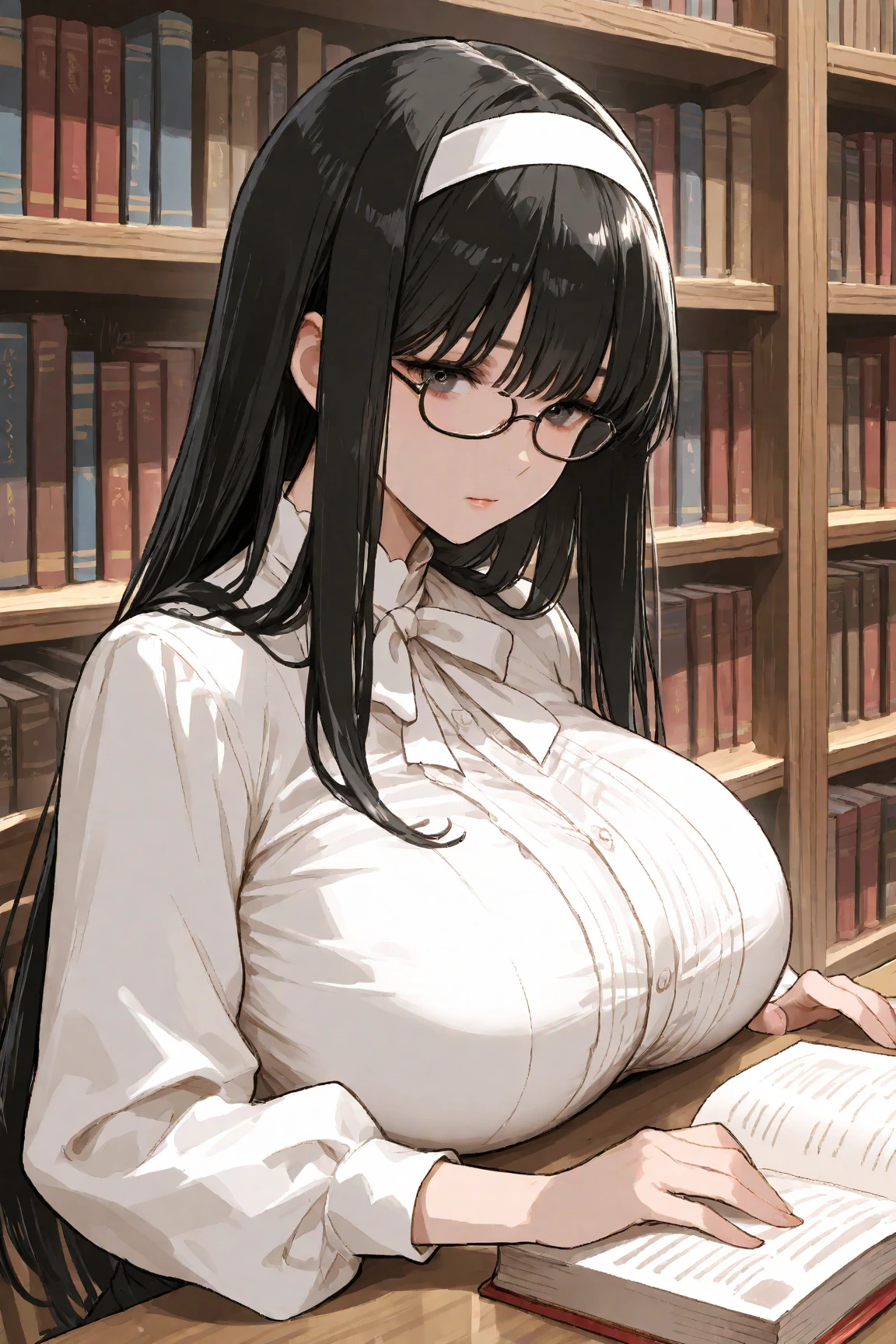 16K Ultra High Definition
Super detailed
The best of the best
Shiny detailed hair
Beautiful human woman with long hair
Super Big plump meat
Black and white cow print kimono
Cow ears and cow small horns
Shiny skin
Red cheeks
Moisturized eyes
Wearing glasses
Reading a book at a desk
Rich breasts on desk on library background